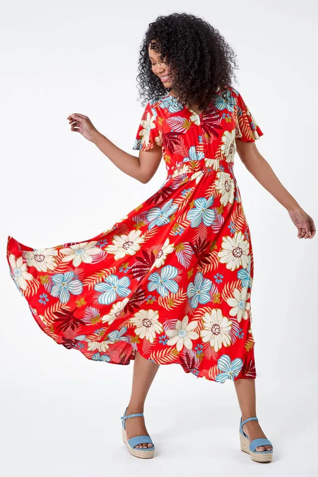 Red Petite Floral Print Shirred Midi Dress Women Roman Dresses
