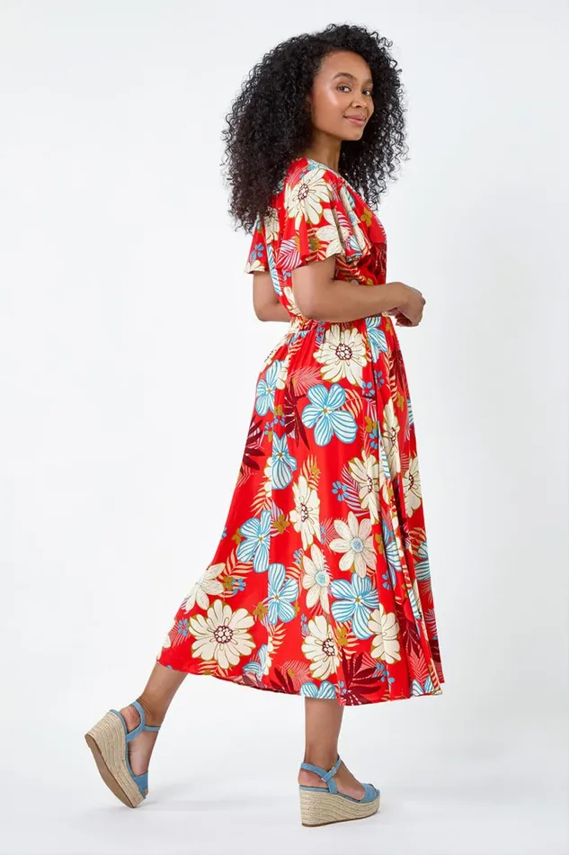 Red Petite Floral Print Shirred Midi Dress Women Roman Dresses