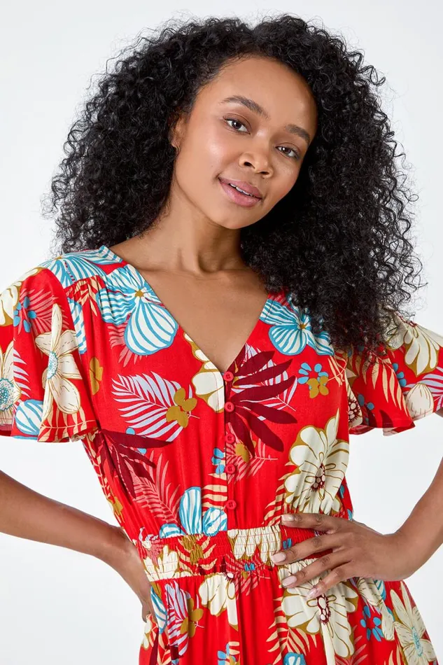 Red Petite Floral Print Shirred Midi Dress Women Roman Dresses