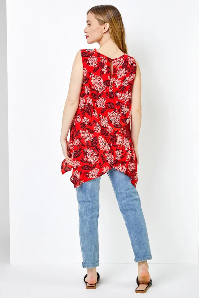 Red Petite Floral Print VNeck Hanky Hem Top Women Roman Tops