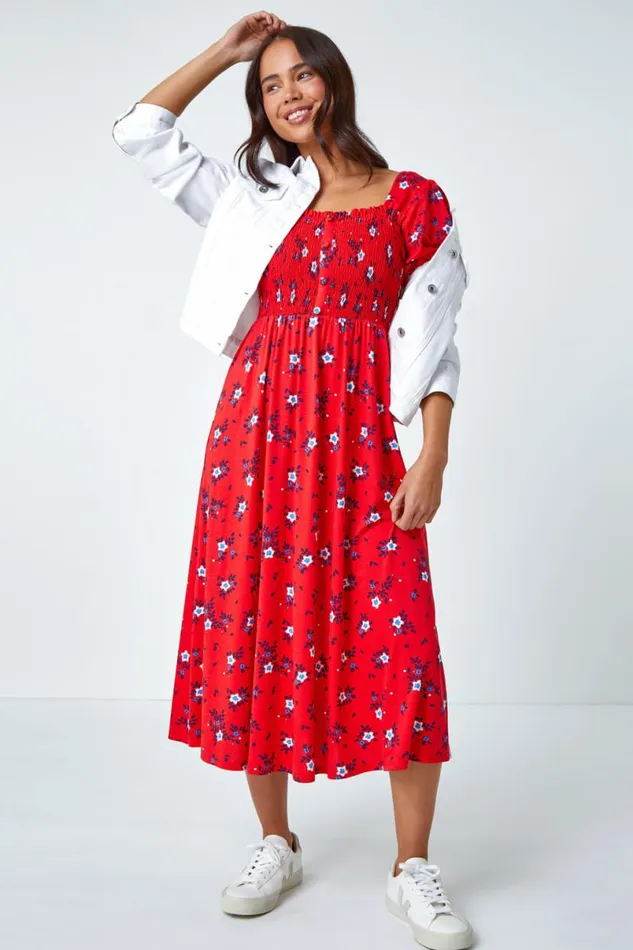 Red Petite Shirred Stretch Floral Midi Dress Women Roman Dresses