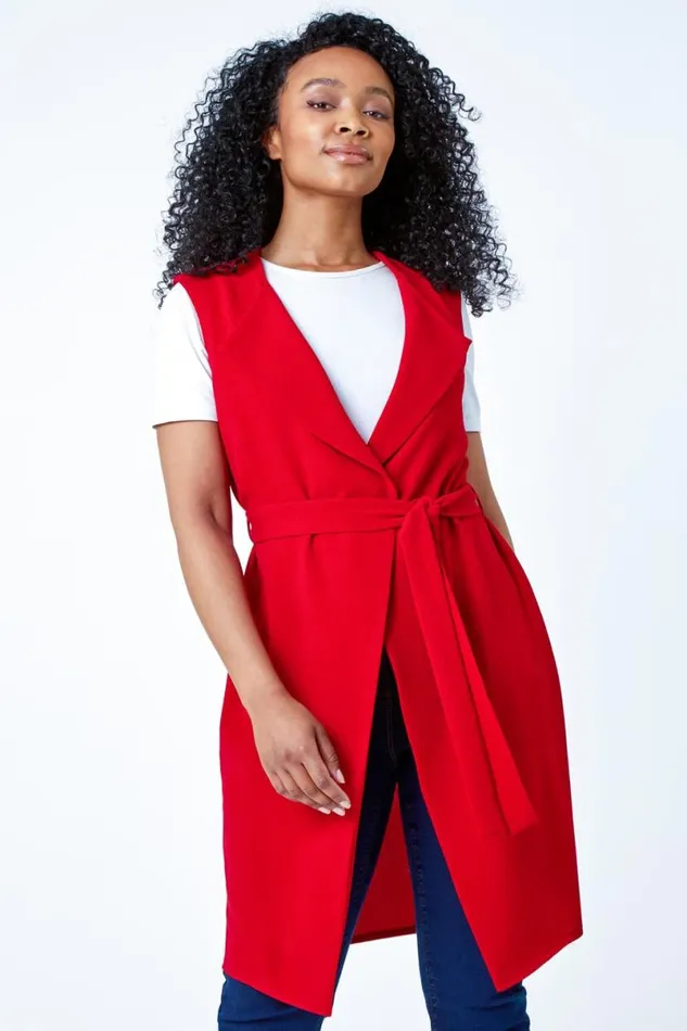 Red Petite Sleeveless Longline Jacket Women Roman Jackets