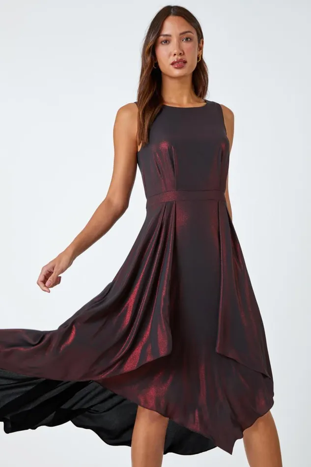 Red Pleat Detail Shimmer Midi Dress Women Roman Dresses