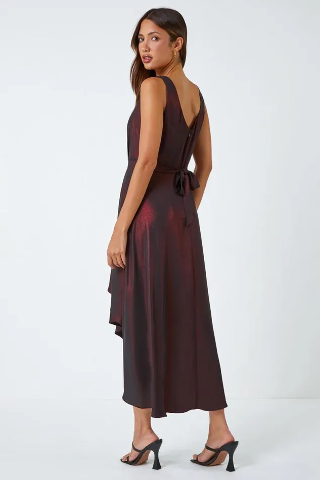 Red Pleat Detail Shimmer Midi Dress Women Roman Dresses