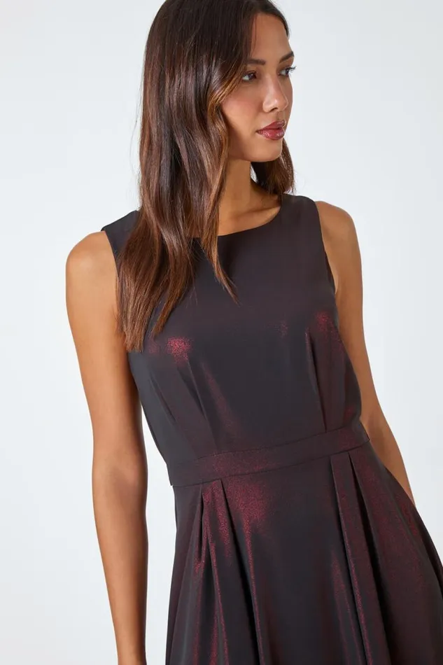 Red Pleat Detail Shimmer Midi Dress Women Roman Dresses