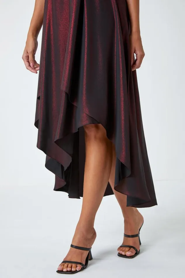 Red Pleat Detail Shimmer Midi Dress Women Roman Dresses