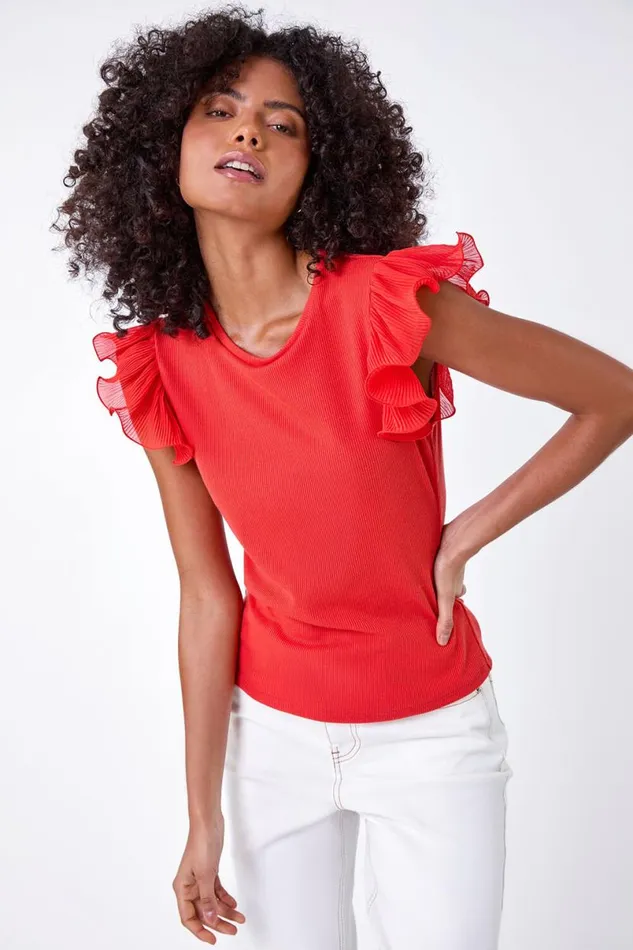 Red Ribbed Stretch Frill Detail Top Women Roman Tops