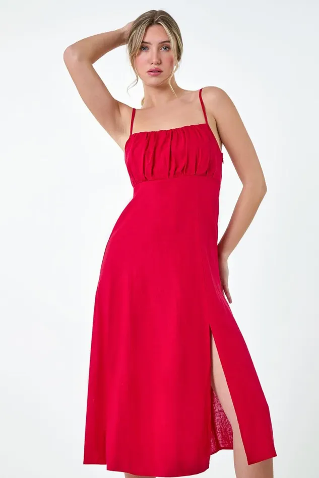 Red Ruched Linen Blend Midi Dress Women Roman Dresses