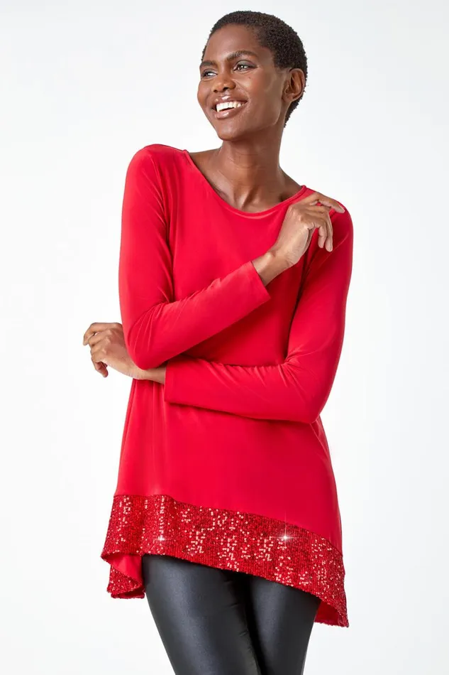 Red Sequin Hem Tunic Stretch Top Women Roman Tops