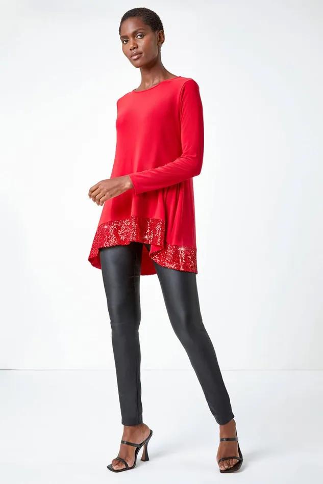 Red Sequin Hem Tunic Stretch Top Women Roman Tops