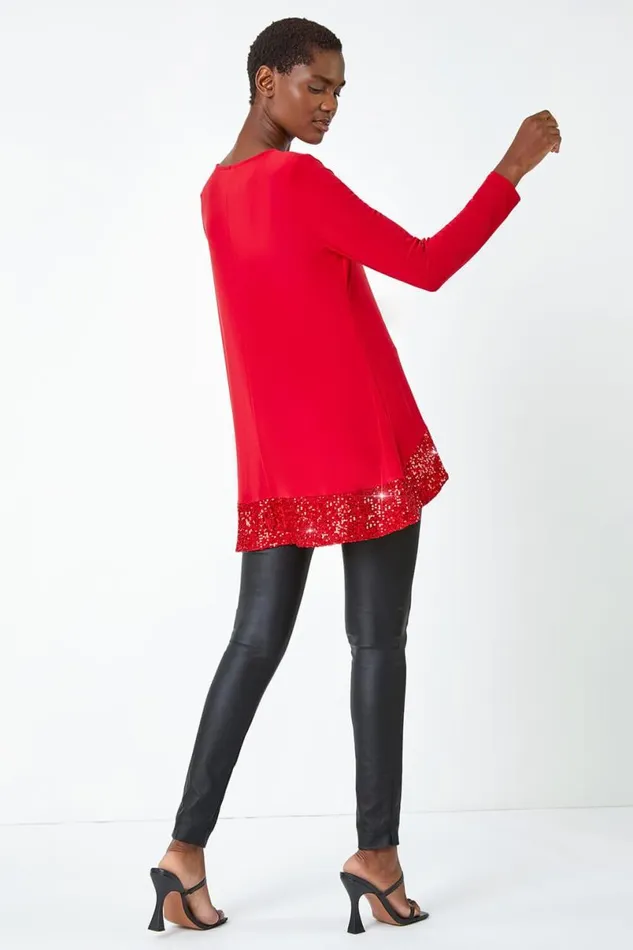 Red Sequin Hem Tunic Stretch Top Women Roman Tops
