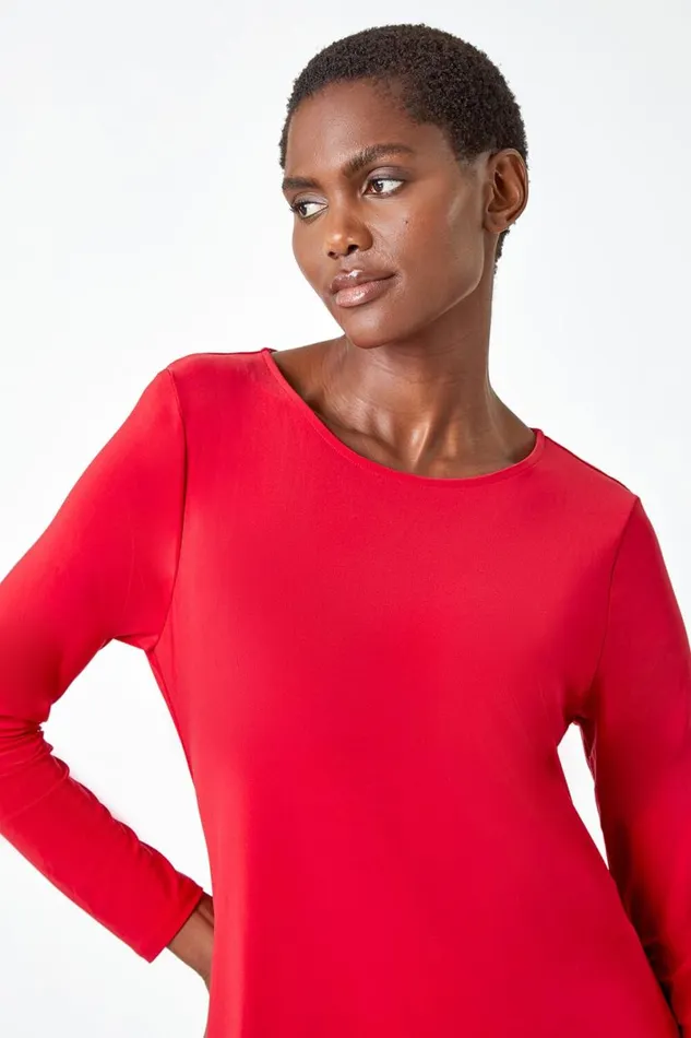 Red Sequin Hem Tunic Stretch Top Women Roman Tops