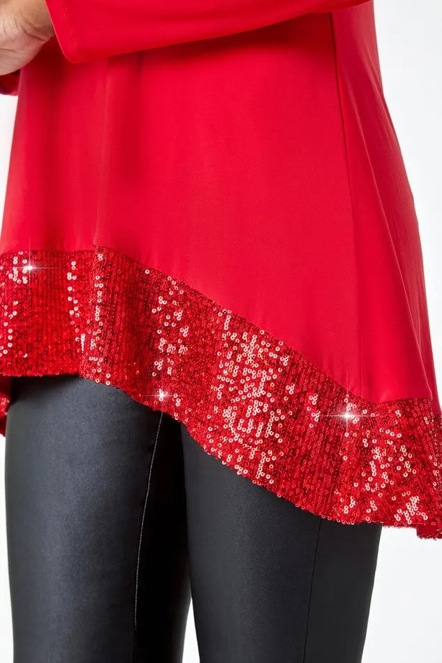 Red Sequin Hem Tunic Stretch Top Women Roman Tops