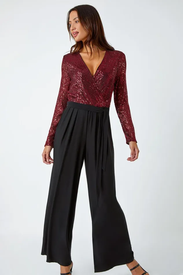 Red Sequin Wrap Wide Leg Stretch Jumpsuit Women Roman Occasionwear