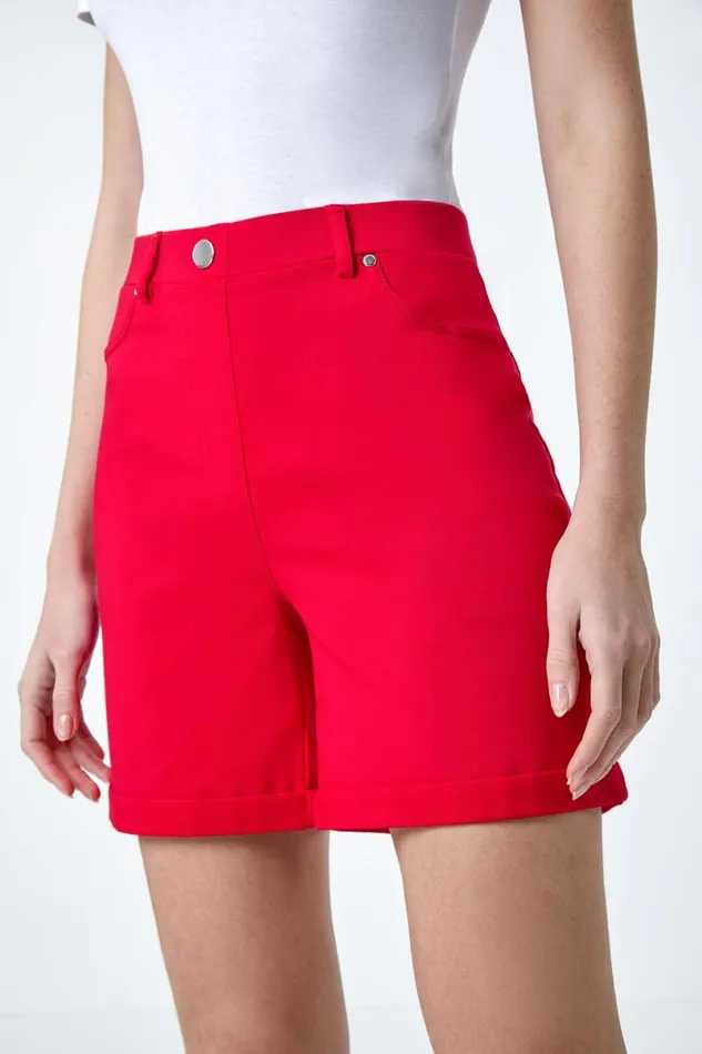 Red Stretch Elastic Waist Turn Up Shorts Women Roman Coords