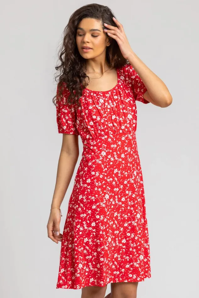 Red Stretch Floral Print Fit and Flare Dress Women Roman Dresses