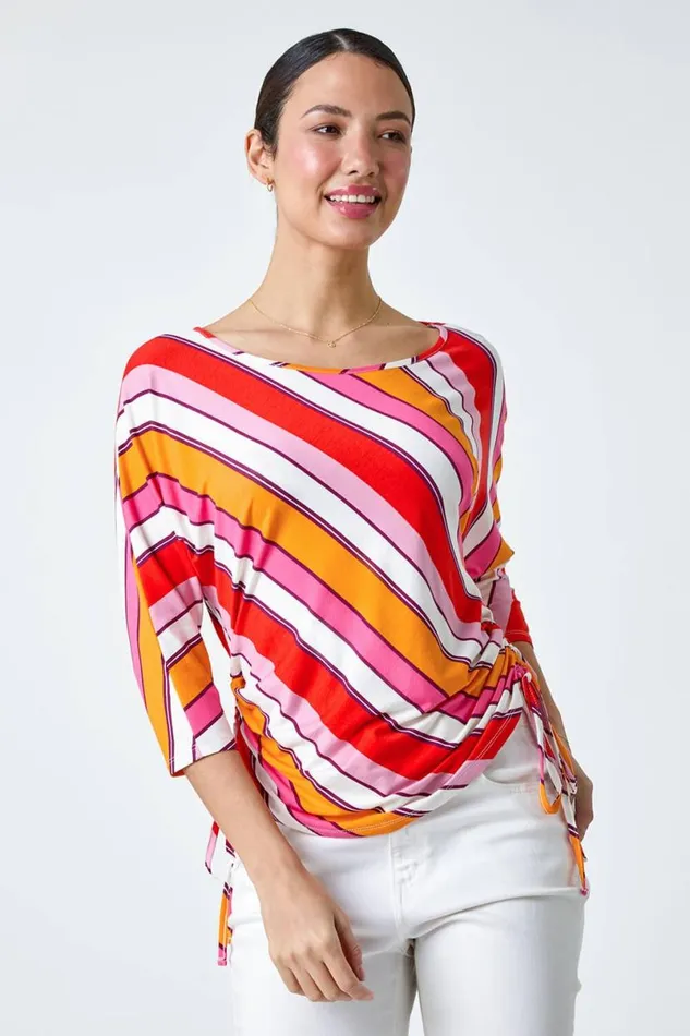 Red Stripe Print Ruched Stretch Top Women Roman Tops