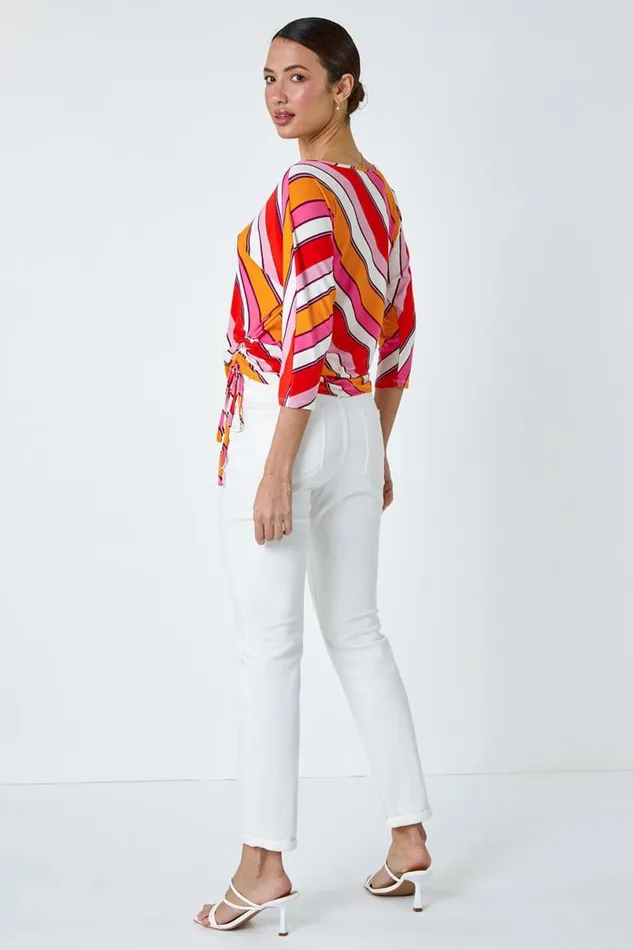 Red Stripe Print Ruched Stretch Top Women Roman Tops