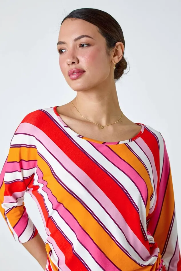 Red Stripe Print Ruched Stretch Top Women Roman Tops