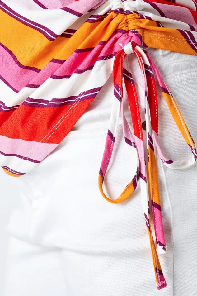Red Stripe Print Ruched Stretch Top Women Roman Tops