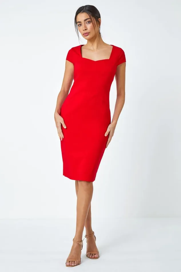 Red Sweetheart Neck Fitted Stretch Dress Women Roman Dresses