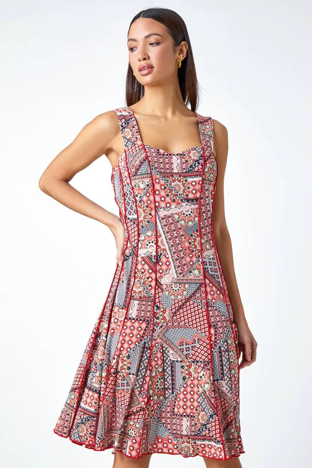 Red Textured Patchwork Panelled Stretch Dress Women Roman Dresses