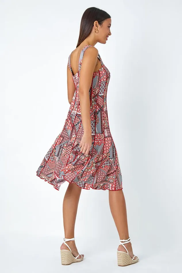 Red Textured Patchwork Panelled Stretch Dress Women Roman Dresses