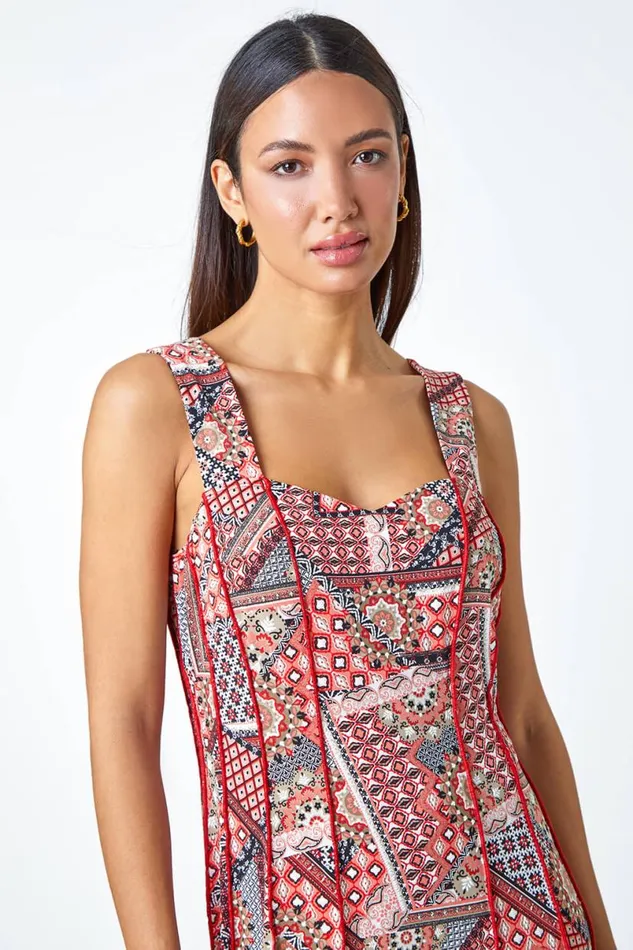 Red Textured Patchwork Panelled Stretch Dress Women Roman Dresses