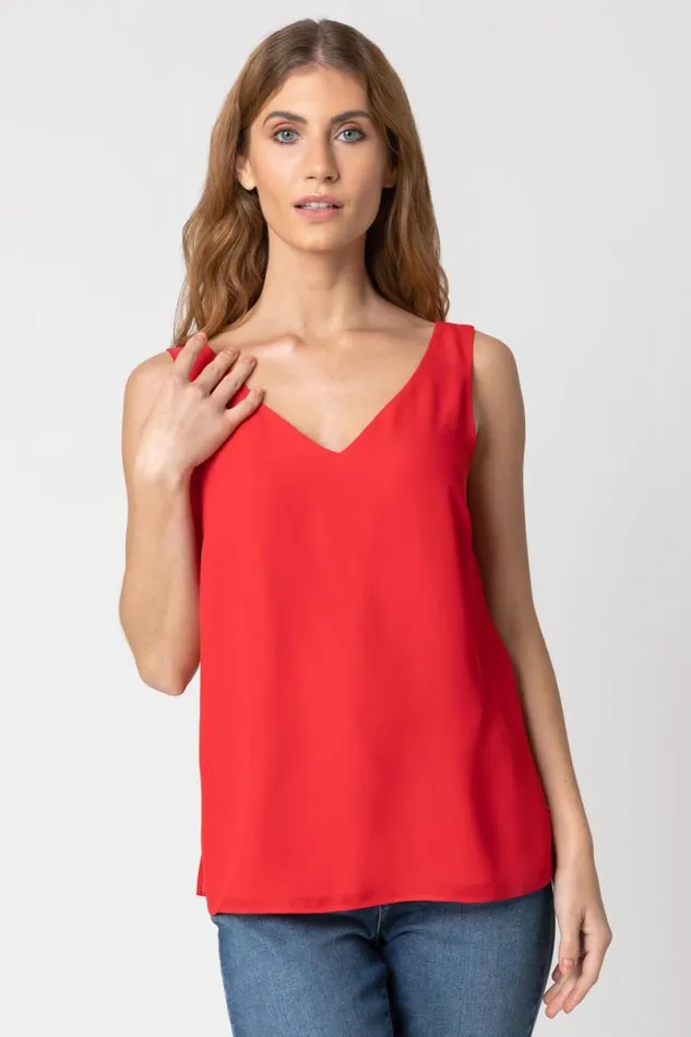 Red VNeck Sleeveless Vest Top Women Roman Tops