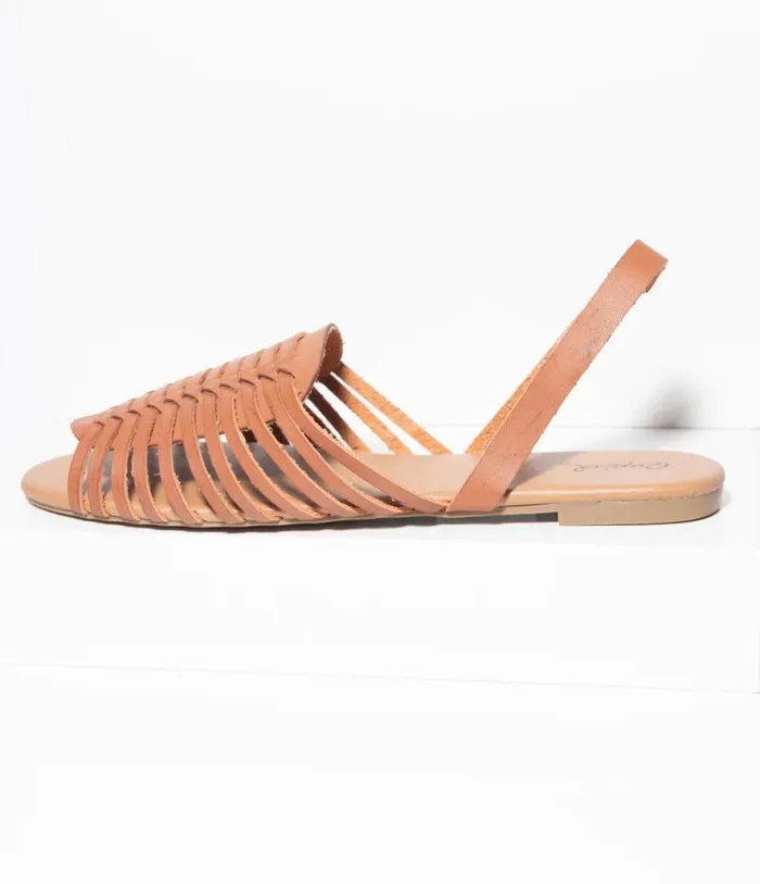 Retro Brown Woven Leatherette Sandal Shoes Unique Vintage Flats