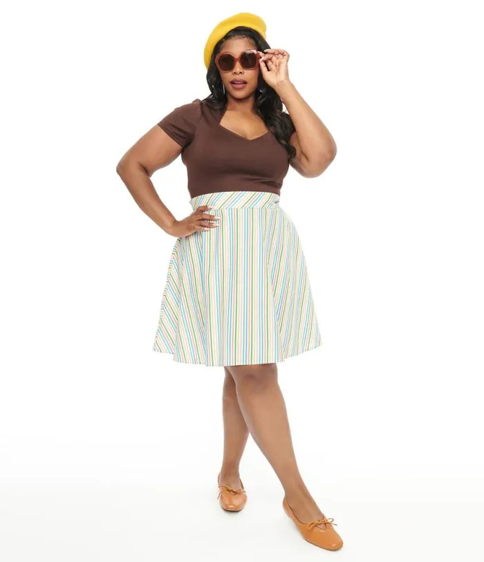 Retrolicious Plus Size 1950s Rainbow Diagonal Stripe Skater Skirt ClothingPlus Unique Vintage Skirts Retrolicious Plus Size 1950s Rainbow Diagonal Stripe Skater Skirt ClothingPlus Unique Vintage Skirts