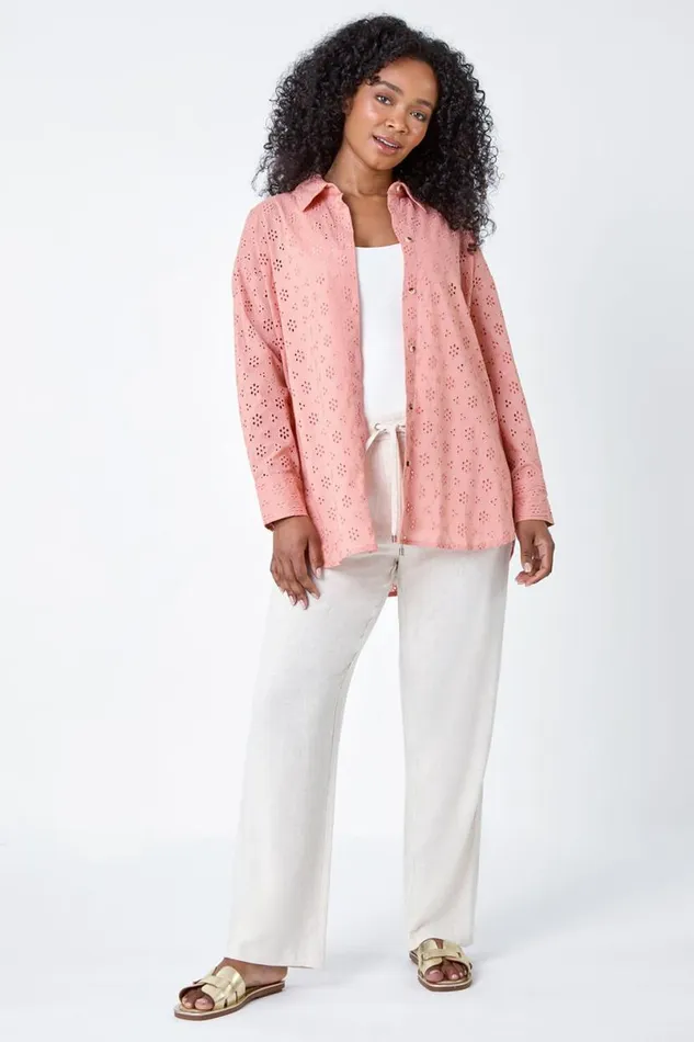 Rose Petite Cotton Broderie Button Blouse Women Roman Tops