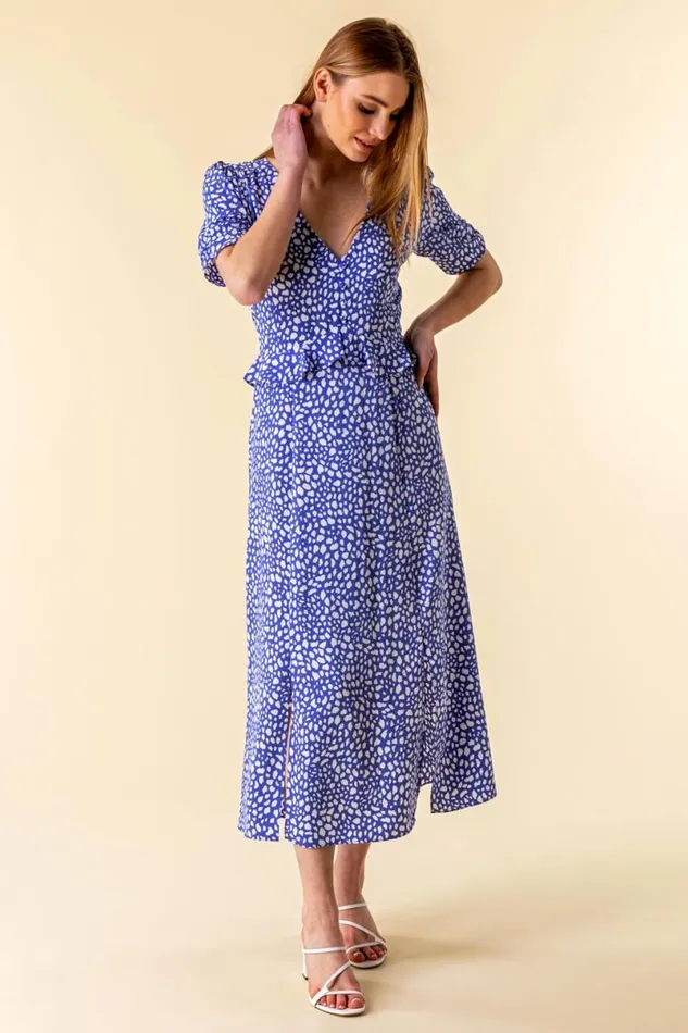 Royal Blue Animal Print Frill Detail Midi Dress Women Roman Dresses