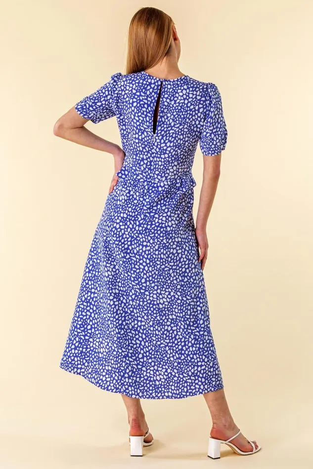 Royal Blue Animal Print Frill Detail Midi Dress Women Roman Dresses