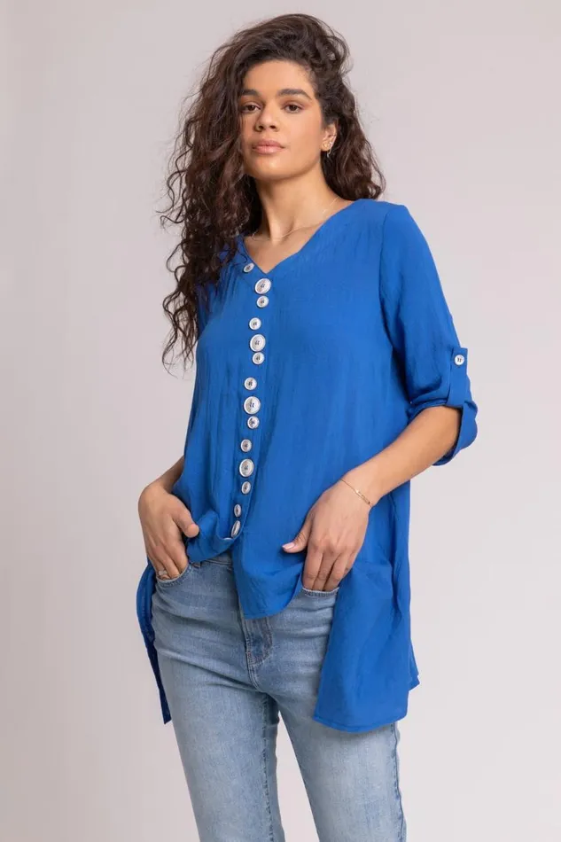 Royal Blue Asymmetric Abstract Button Detail Top Women Roman Tops