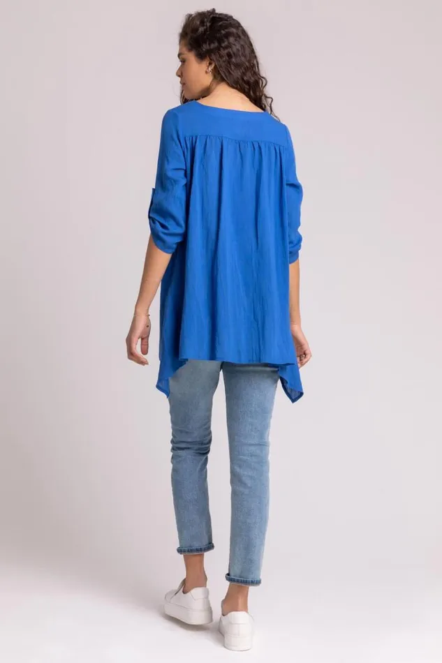 Royal Blue Asymmetric Abstract Button Detail Top Women Roman Tops