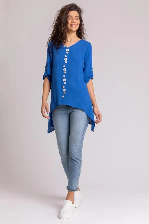 Royal Blue Asymmetric Abstract Button Detail Top Women Roman Tops