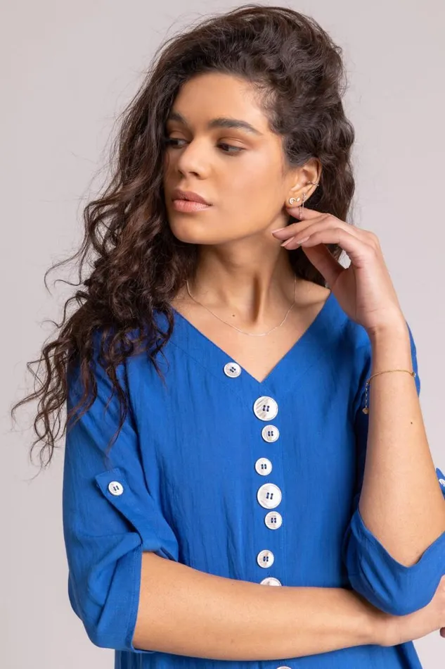 Royal Blue Asymmetric Abstract Button Detail Top Women Roman Tops