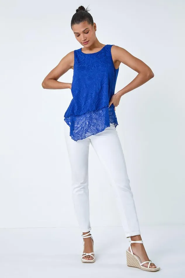Royal Blue Burnout Swirl Print VNeck Asymmetric Top Women Roman Tops