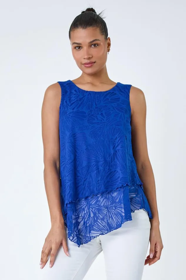 Royal Blue Burnout Swirl Print VNeck Asymmetric Top Women Roman Tops