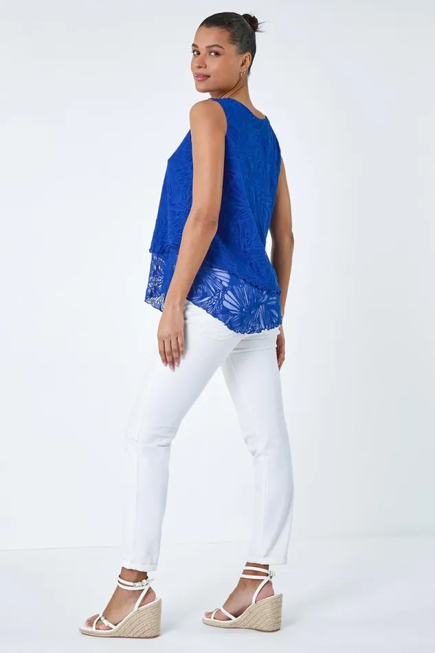 Royal Blue Burnout Swirl Print VNeck Asymmetric Top Women Roman Tops
