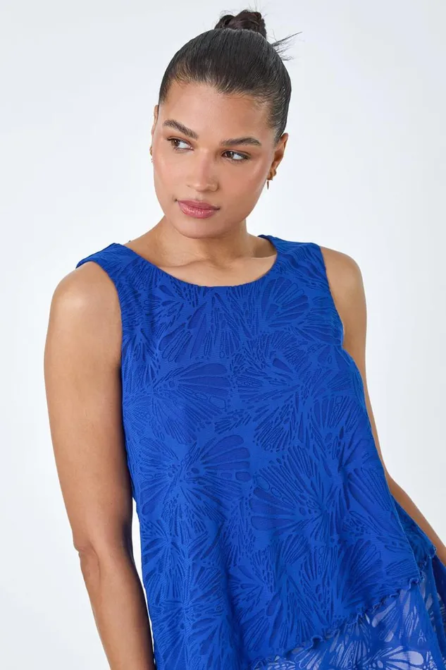 Royal Blue Burnout Swirl Print VNeck Asymmetric Top Women Roman Tops