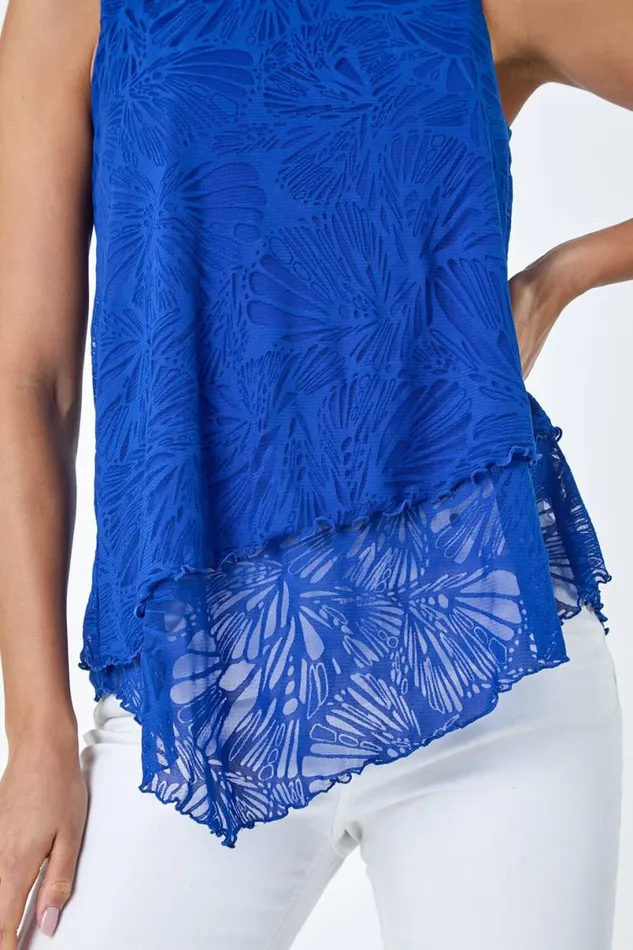 Royal Blue Burnout Swirl Print VNeck Asymmetric Top Women Roman Tops