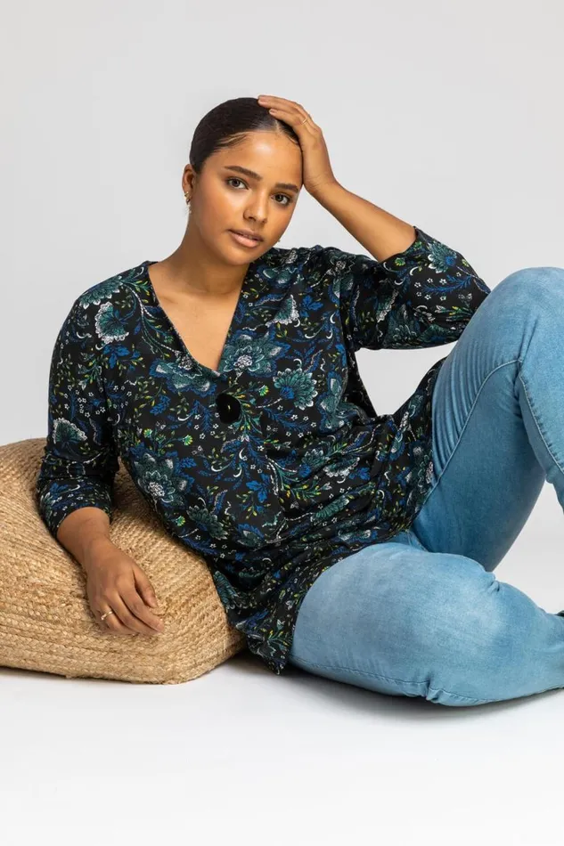 Royal Blue Curve Boho Floral Button Detail Top Women Roman Tops