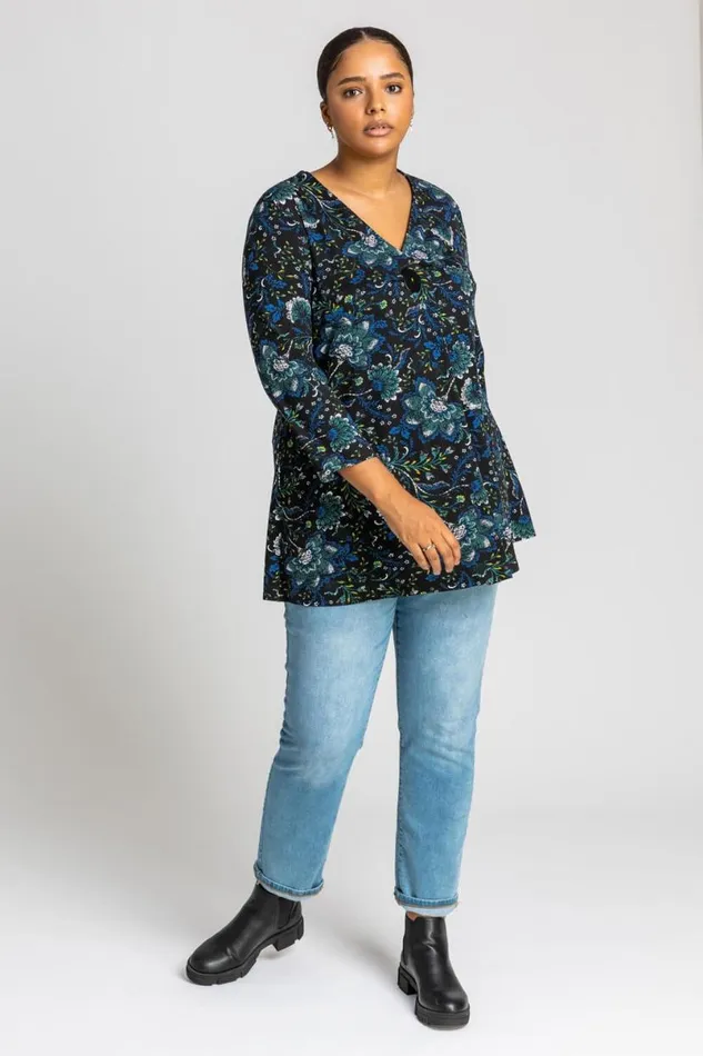 Royal Blue Curve Boho Floral Button Detail Top Women Roman Tops
