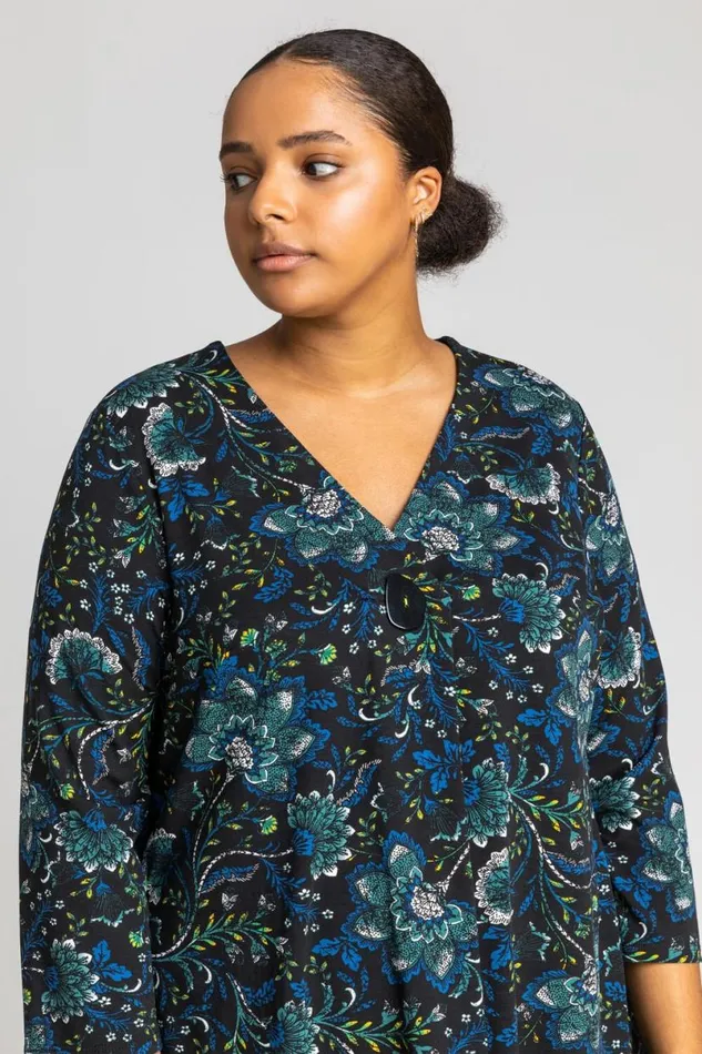Royal Blue Curve Boho Floral Button Detail Top Women Roman Tops