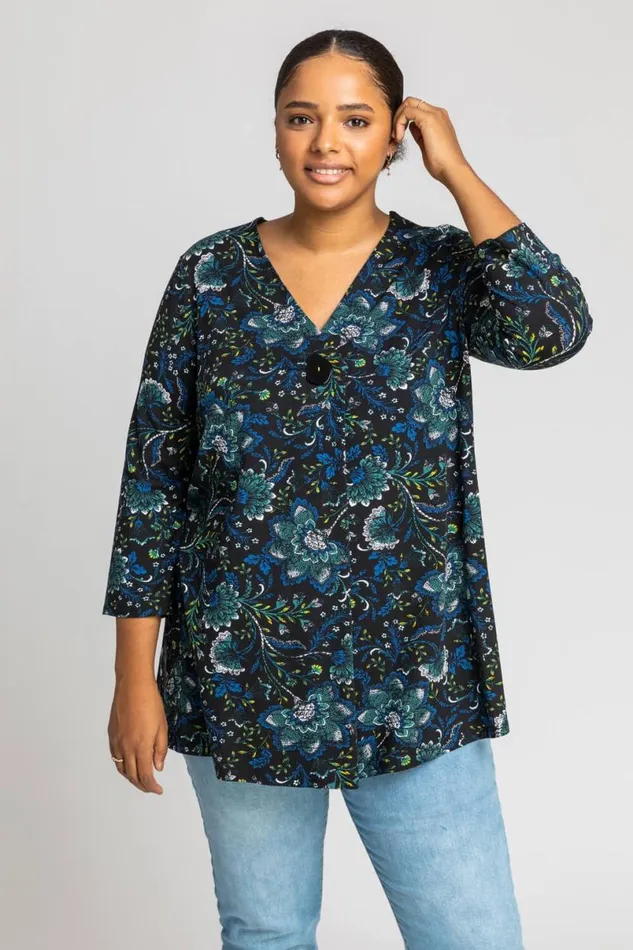 Royal Blue Curve Boho Floral Button Detail Top Women Roman Tops