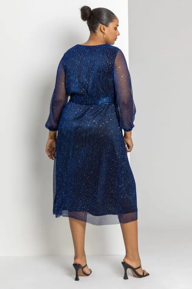 Royal Blue Curve Plisse Chiffon Wrap Midi Dress Women Roman Dresses