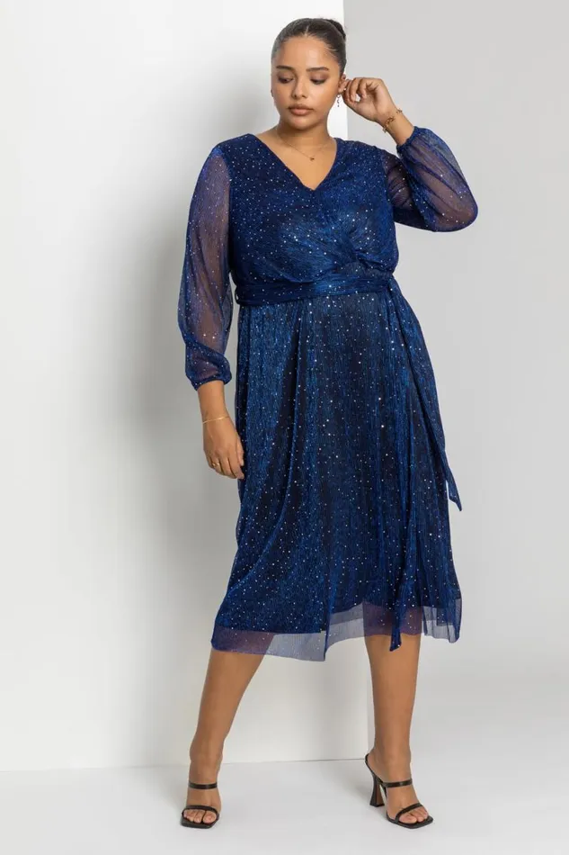 Royal Blue Curve Plisse Chiffon Wrap Midi Dress Women Roman Dresses