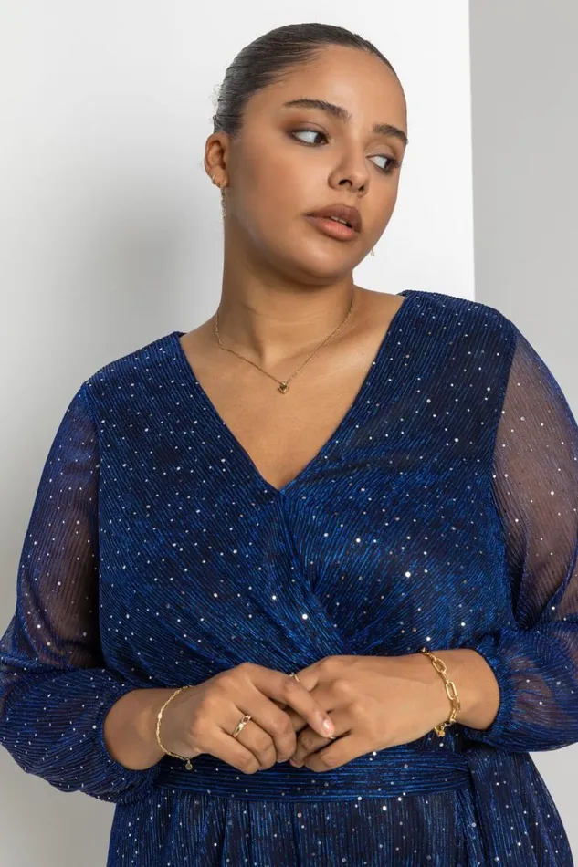 Royal Blue Curve Plisse Chiffon Wrap Midi Dress Women Roman Dresses